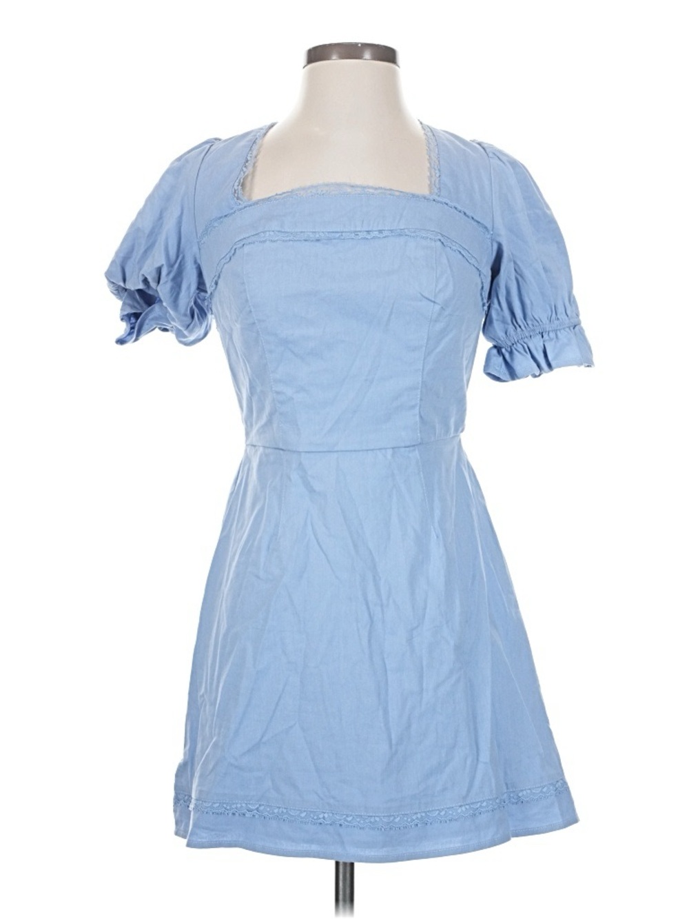 Sky Blue Square-Neck Mini Dress with Puff Sleeves